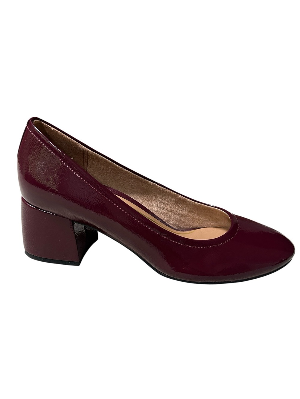 Vionic Carmel Syrah Crinkle Patent Leather Burgundy Block Heel Comfort Pumps, 9